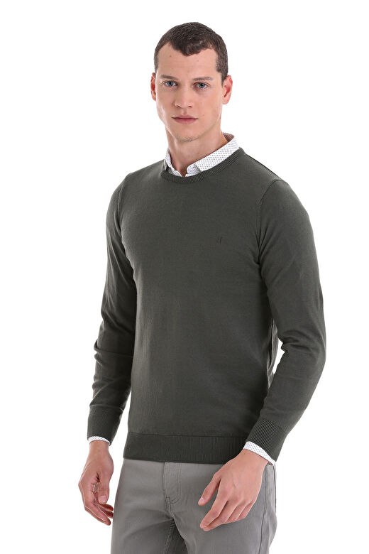 Haki Regular Fit Bisiklet Yaka 100% Pamuklu Triko Kazak 3