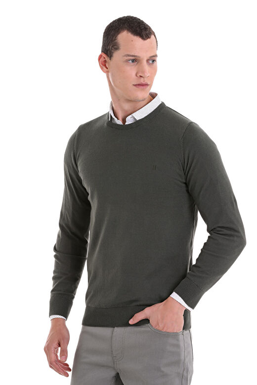 Haki Regular Fit Bisiklet Yaka 100% Pamuklu Triko Kazak 4