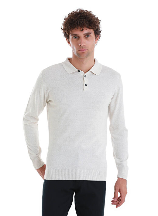 Bej Regular Fit Düz Polo Yaka Triko Kazak 1