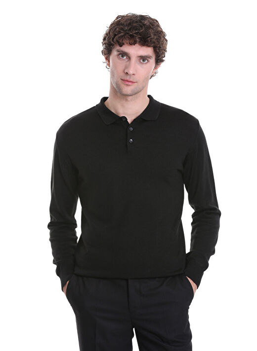 Siyah Regular Fit Düz Polo Yaka Triko Kazak 1