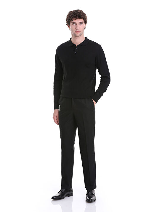 Siyah Regular Fit Düz Polo Yaka Triko Kazak 2