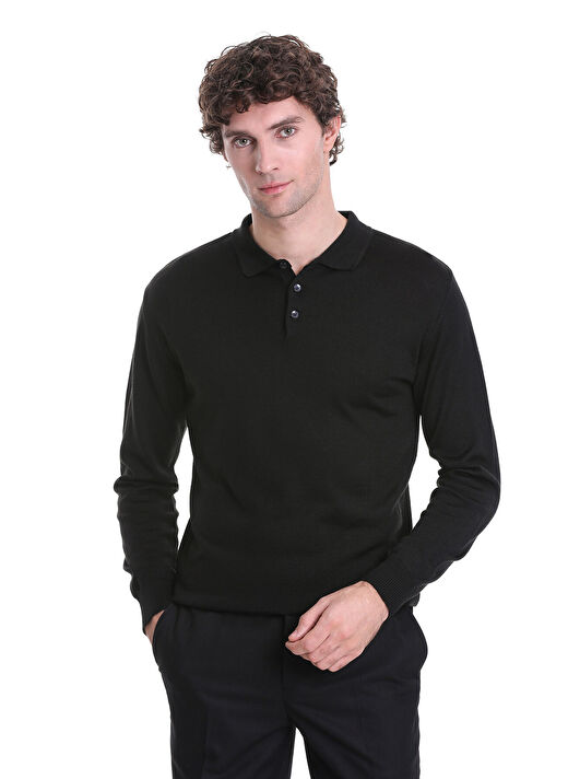 Siyah Regular Fit Düz Polo Yaka Triko Kazak 3