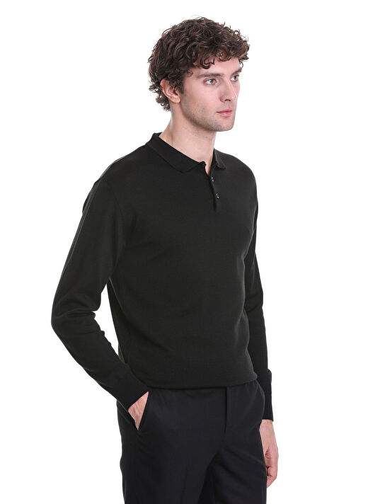 Siyah Regular Fit Düz Polo Yaka Triko Kazak 4
