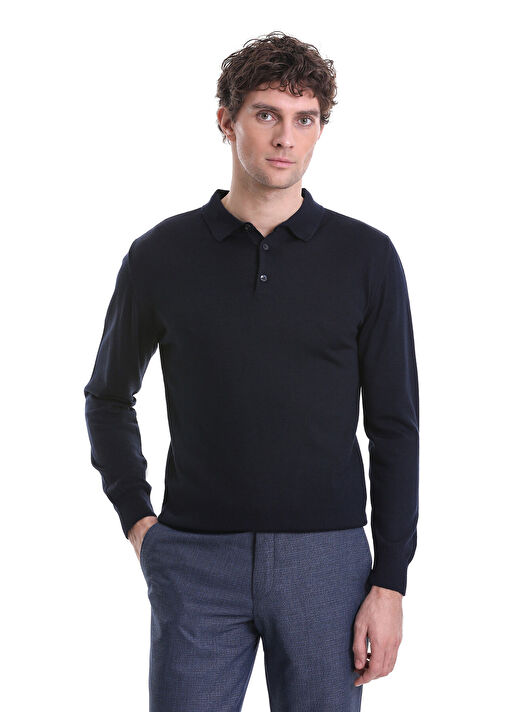 Lacivert Regular Fit Düz Polo Yaka Triko Kazak 1
