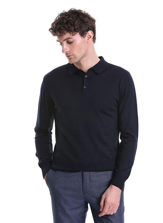 Lacivert Regular Fit Düz Polo Yaka Triko Kazak 3