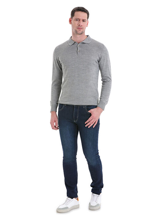 Gri Regular Fit Düz Polo Yaka Triko Kazak 2