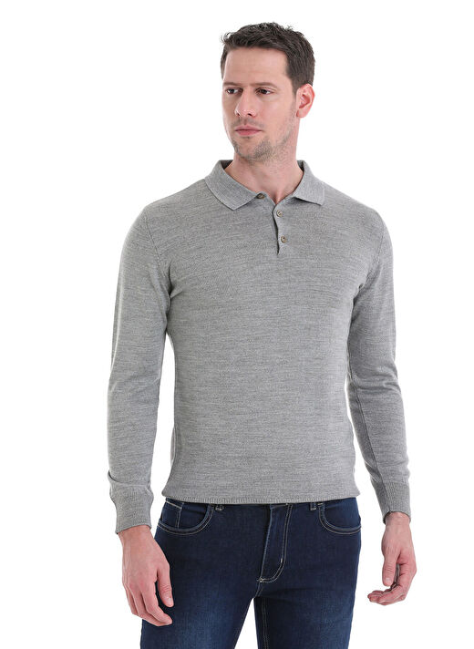 Gri Regular Fit Düz Polo Yaka Triko Kazak 3