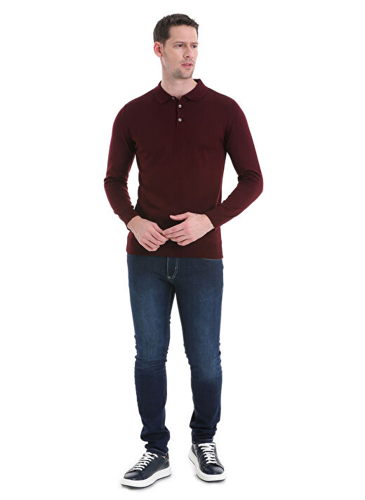 Bordo Regular Fit Düz Polo Yaka Triko Kazak 2