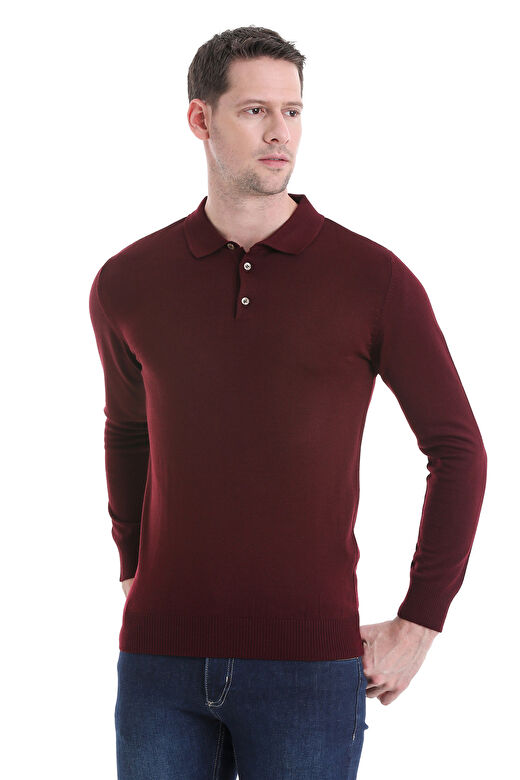 Bordo Regular Fit Düz Polo Yaka Triko Kazak 3