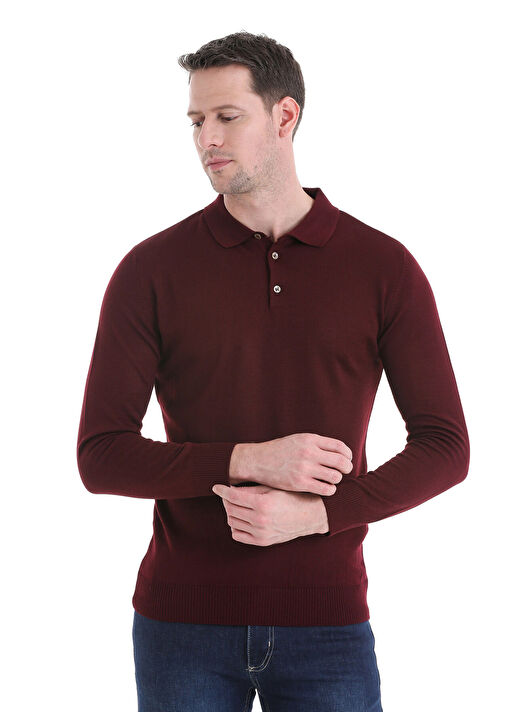 Bordo Regular Fit Düz Polo Yaka Triko Kazak 4