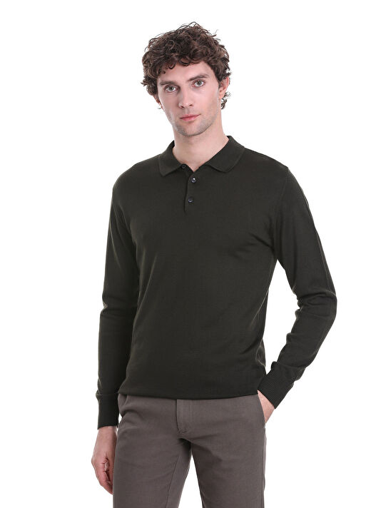 Haki Regular Fit Düz Polo Yaka Triko Kazak 1