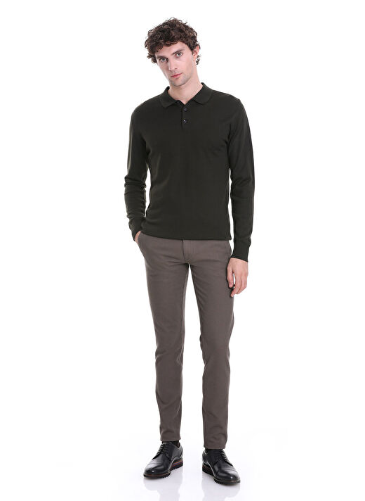 Haki Regular Fit Düz Polo Yaka Triko Kazak 2