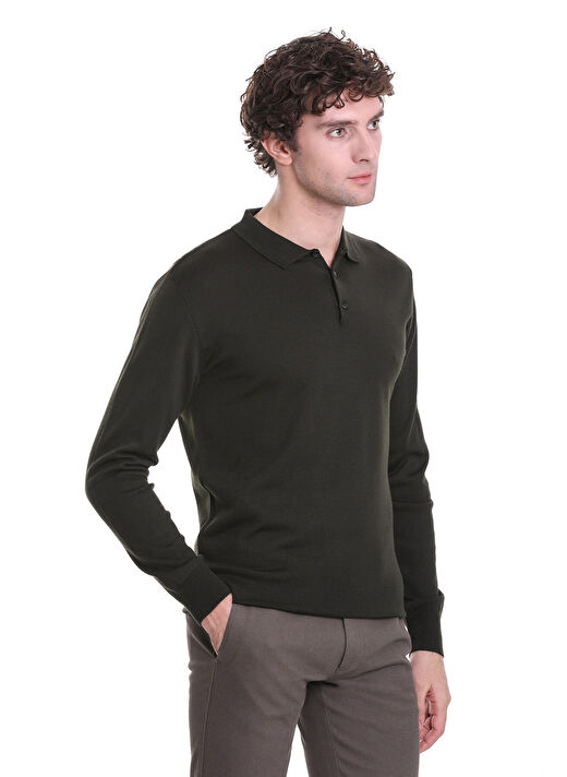 Haki Regular Fit Düz Polo Yaka Triko Kazak 3