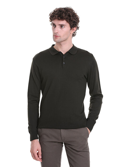 Haki Regular Fit Düz Polo Yaka Triko Kazak 4