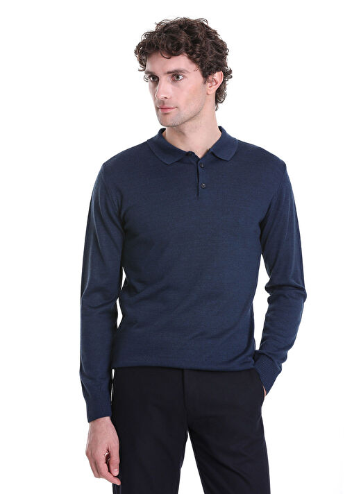 indigo Regular Fit Düz Polo Yaka Triko Kazak 3