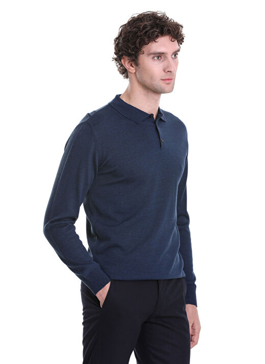 indigo Regular Fit Düz Polo Yaka Triko Kazak 4