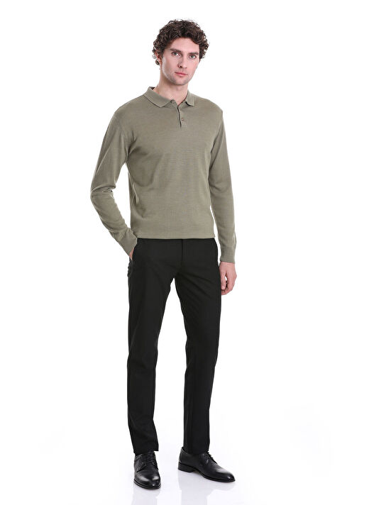 Yeşil Regular Fit Düz Polo Yaka Triko Kazak 2