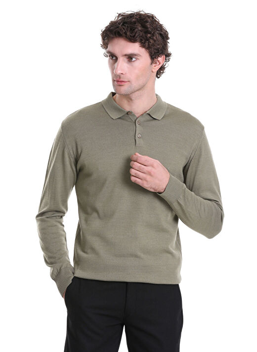 Yeşil Regular Fit Düz Polo Yaka Triko Kazak 3