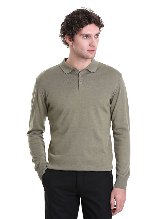 Yeşil Regular Fit Düz Polo Yaka Triko Kazak 4