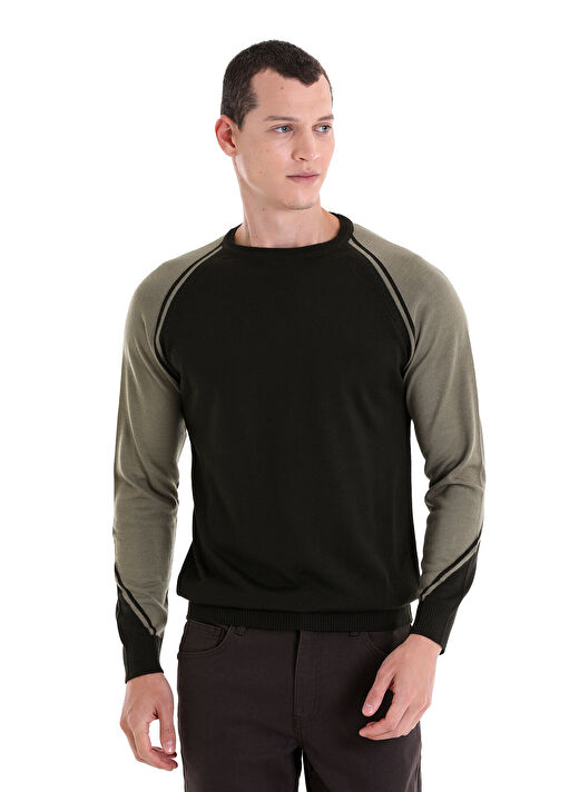 Haki Regular Fit Jakarlı Bisiklet Yaka Yünlü Triko Kazak 4