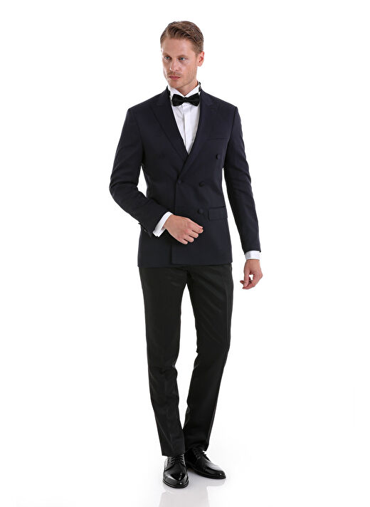 Lacivert Slim Fit Düz Sivri Yaka Klasik Kruvaze Smokin Damatlık 1