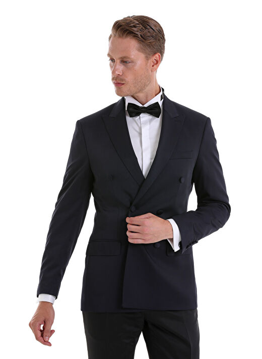 Lacivert Slim Fit Düz Sivri Yaka Klasik Kruvaze Smokin Damatlık 3