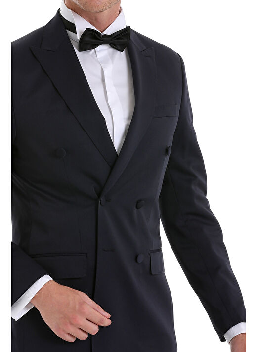 Lacivert Slim Fit Düz Sivri Yaka Klasik Kruvaze Smokin Damatlık 4