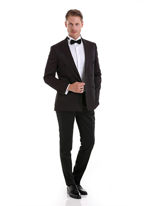 Bordo Slim Fit Düz Sivri Yaka Klasik Kruvaze Smokin Damatlık 1