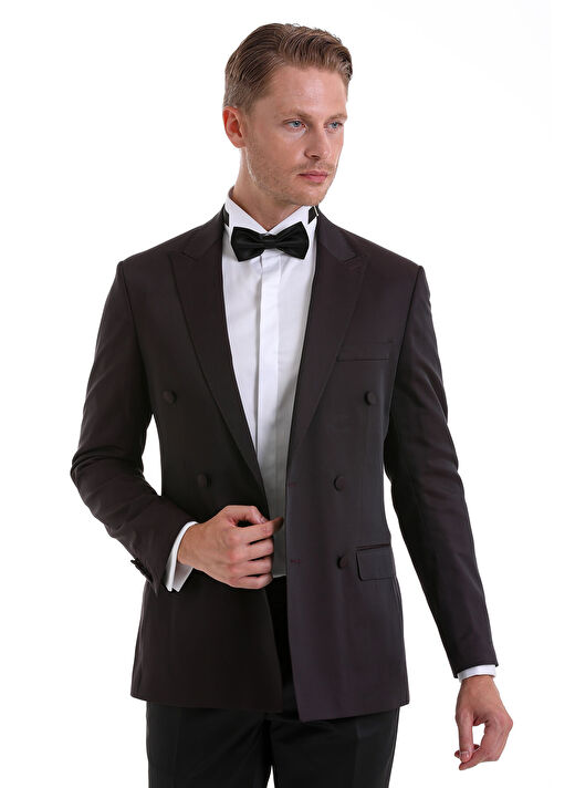Bordo Slim Fit Düz Sivri Yaka Klasik Kruvaze Smokin Damatlık 2