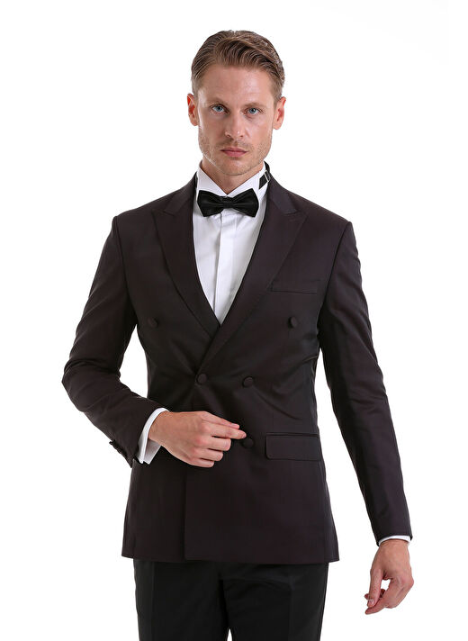 Bordo Slim Fit Düz Sivri Yaka Klasik Kruvaze Smokin Damatlık 3