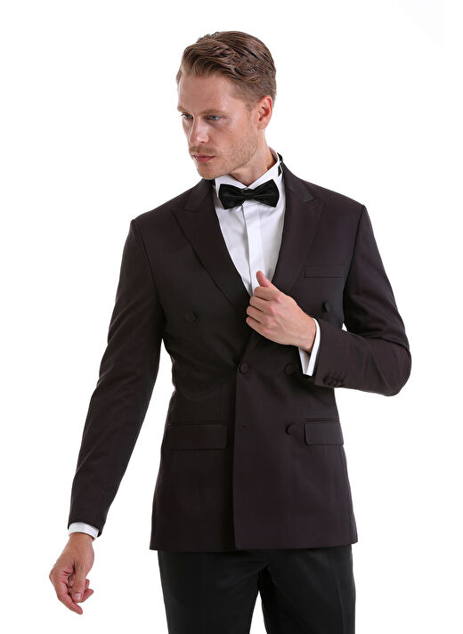 Bordo Slim Fit Düz Sivri Yaka Klasik Kruvaze Smokin Damatlık 4
