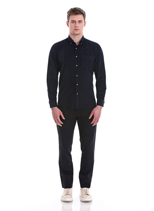Lacivert Slim Fit 100% Pamuklu Düğmeli Yaka Uzun Kollu Klasik Gömlek 2