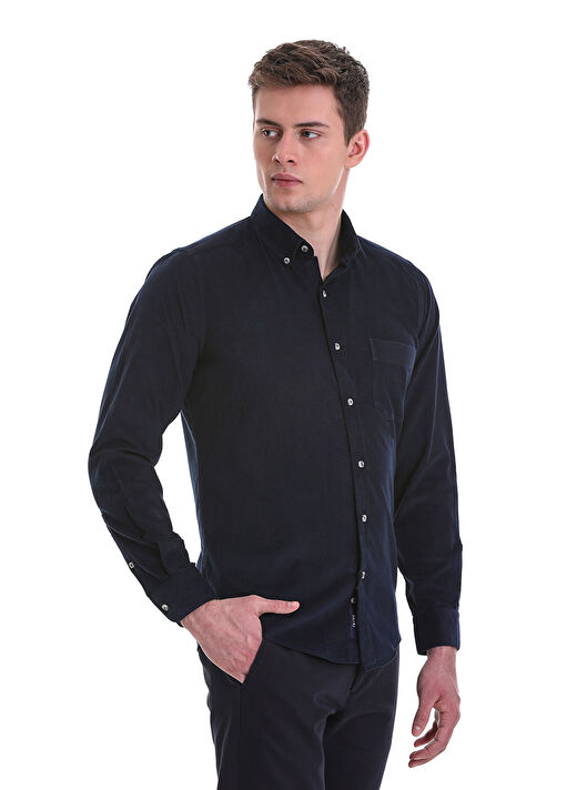 Lacivert Slim Fit 100% Pamuklu Düğmeli Yaka Uzun Kollu Klasik Gömlek 3
