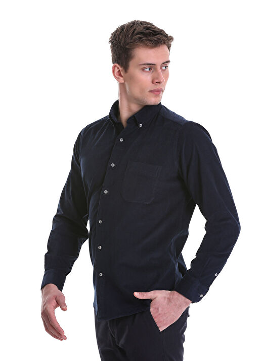 Lacivert Slim Fit 100% Pamuklu Düğmeli Yaka Uzun Kollu Klasik Gömlek 4