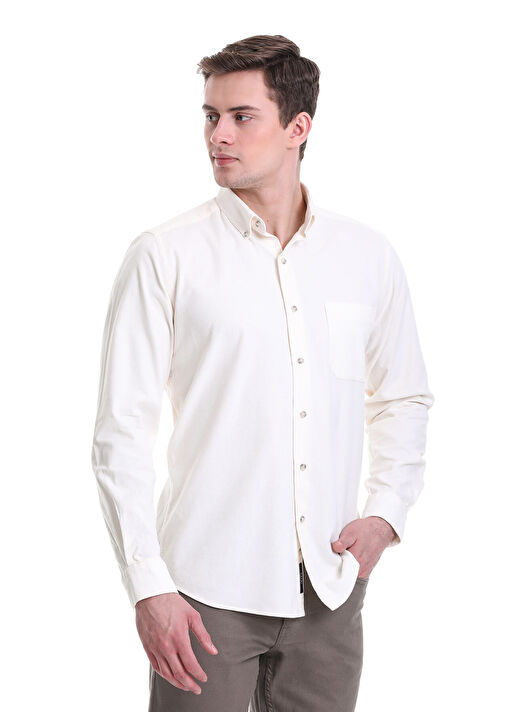 Bej Slim Fit 100% Pamuklu Düğmeli Yaka Uzun Kollu Klasik Gömlek 2