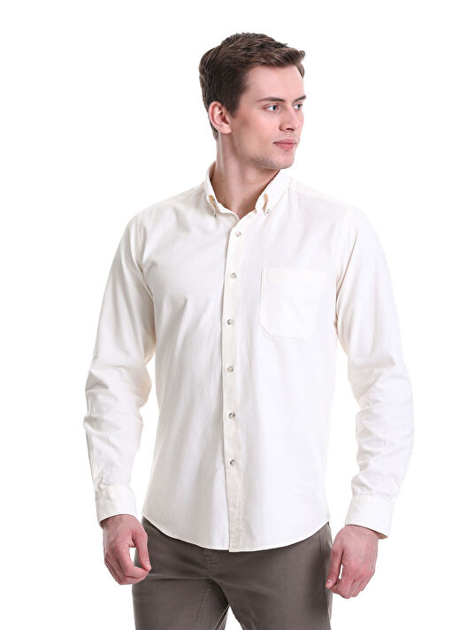 Bej Slim Fit 100% Pamuklu Düğmeli Yaka Uzun Kollu Klasik Gömlek 3