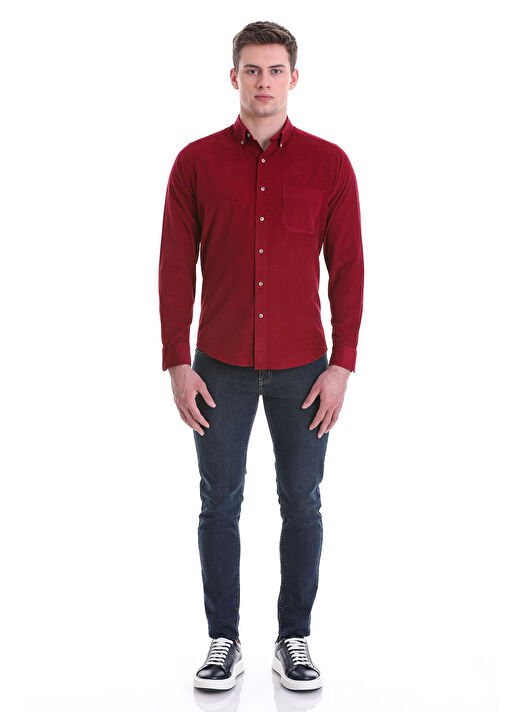 Bordo Slim Fit 100% Pamuklu Düğmeli Yaka Uzun Kollu Klasik Gömlek 2