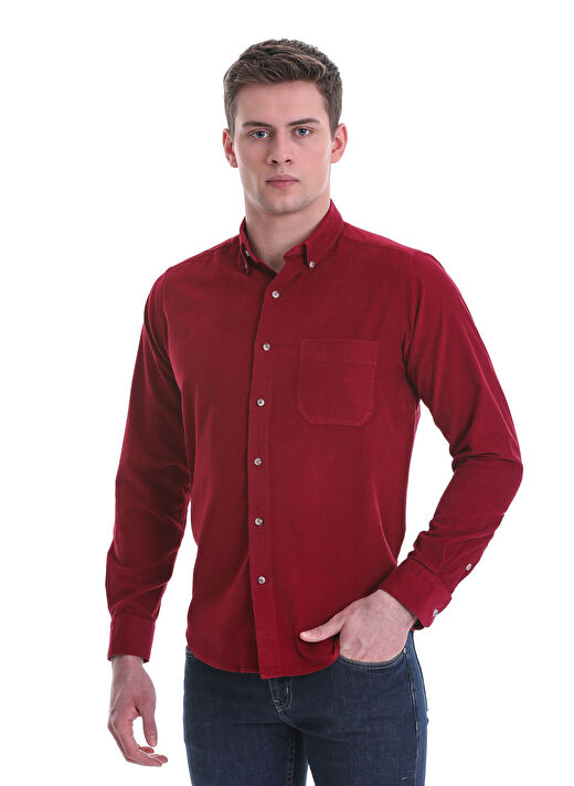 Bordo Slim Fit 100% Pamuklu Düğmeli Yaka Uzun Kollu Klasik Gömlek 3