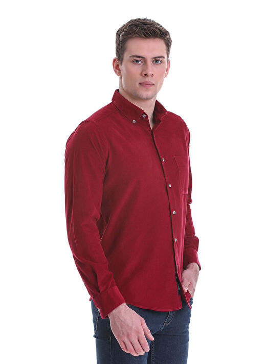 Bordo Slim Fit 100% Pamuklu Düğmeli Yaka Uzun Kollu Klasik Gömlek 4