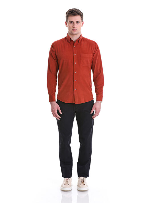 Kiremit Slim Fit 100% Pamuklu Düğmeli Yaka Uzun Kollu Klasik Gömlek 2