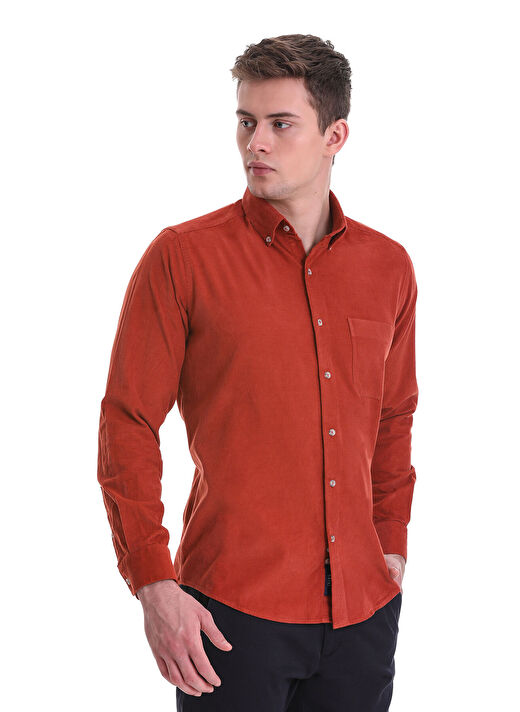 Kiremit Slim Fit 100% Pamuklu Düğmeli Yaka Uzun Kollu Klasik Gömlek 3