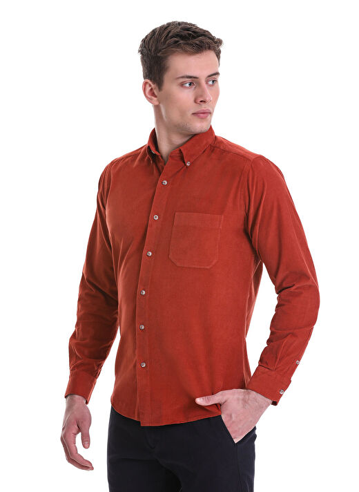 Kiremit Slim Fit 100% Pamuklu Düğmeli Yaka Uzun Kollu Klasik Gömlek 4