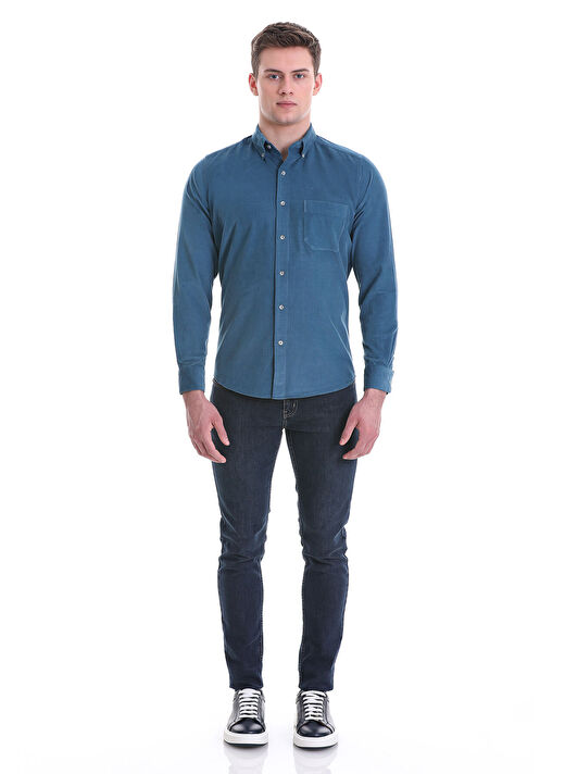 Mavi Slim Fit 100% Pamuklu Düğmeli Yaka Uzun Kollu Klasik Gömlek 2