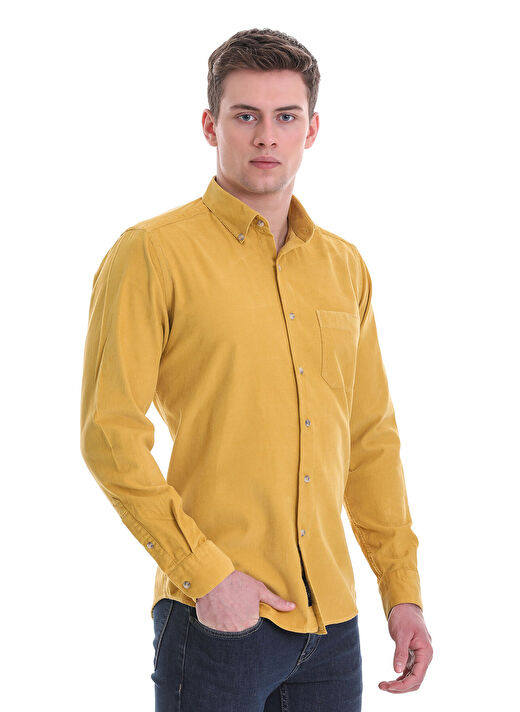 Hardal Slim Fit 100% Pamuklu Düğmeli Yaka Uzun Kollu Klasik Gömlek 1