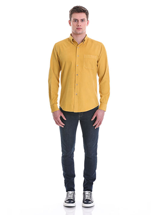 Hardal Slim Fit 100% Pamuklu Düğmeli Yaka Uzun Kollu Klasik Gömlek 2