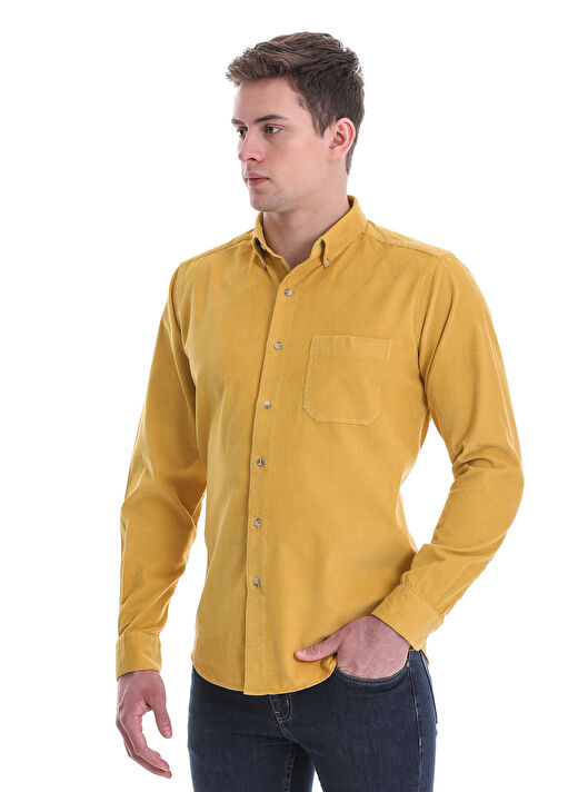 Hardal Slim Fit 100% Pamuklu Düğmeli Yaka Uzun Kollu Klasik Gömlek 4