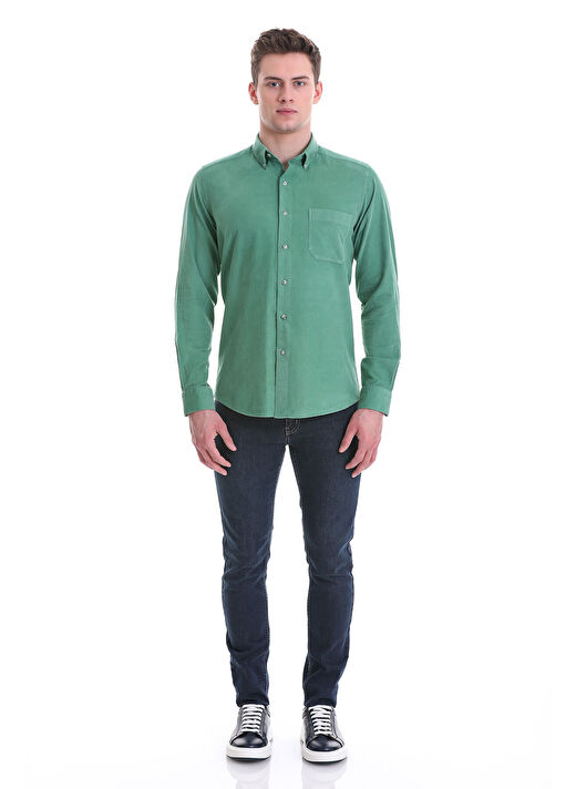 Yeşil Slim Fit 100% Pamuklu Düğmeli Yaka Uzun Kollu Klasik Gömlek 2