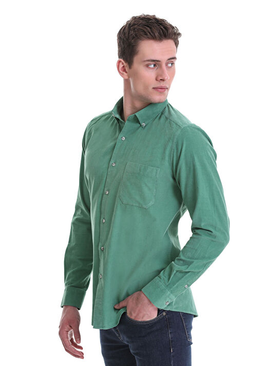 Yeşil Slim Fit 100% Pamuklu Düğmeli Yaka Uzun Kollu Klasik Gömlek 3