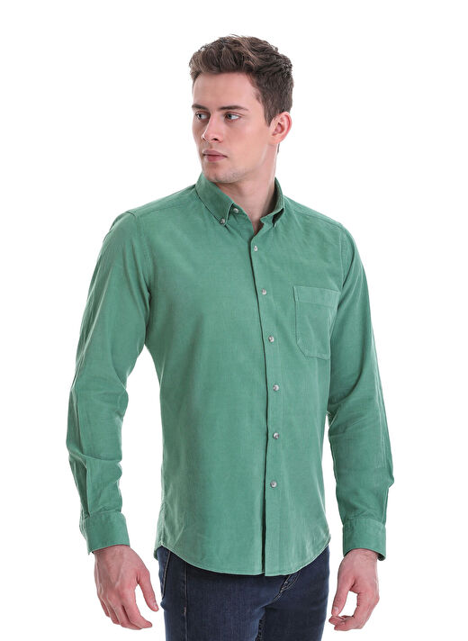 Yeşil Slim Fit 100% Pamuklu Düğmeli Yaka Uzun Kollu Klasik Gömlek 4