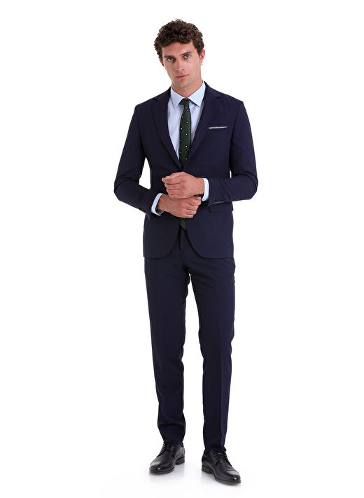 Lacivert Slim Fit Düz Mono Yaka Klasik Takım Elbise 1